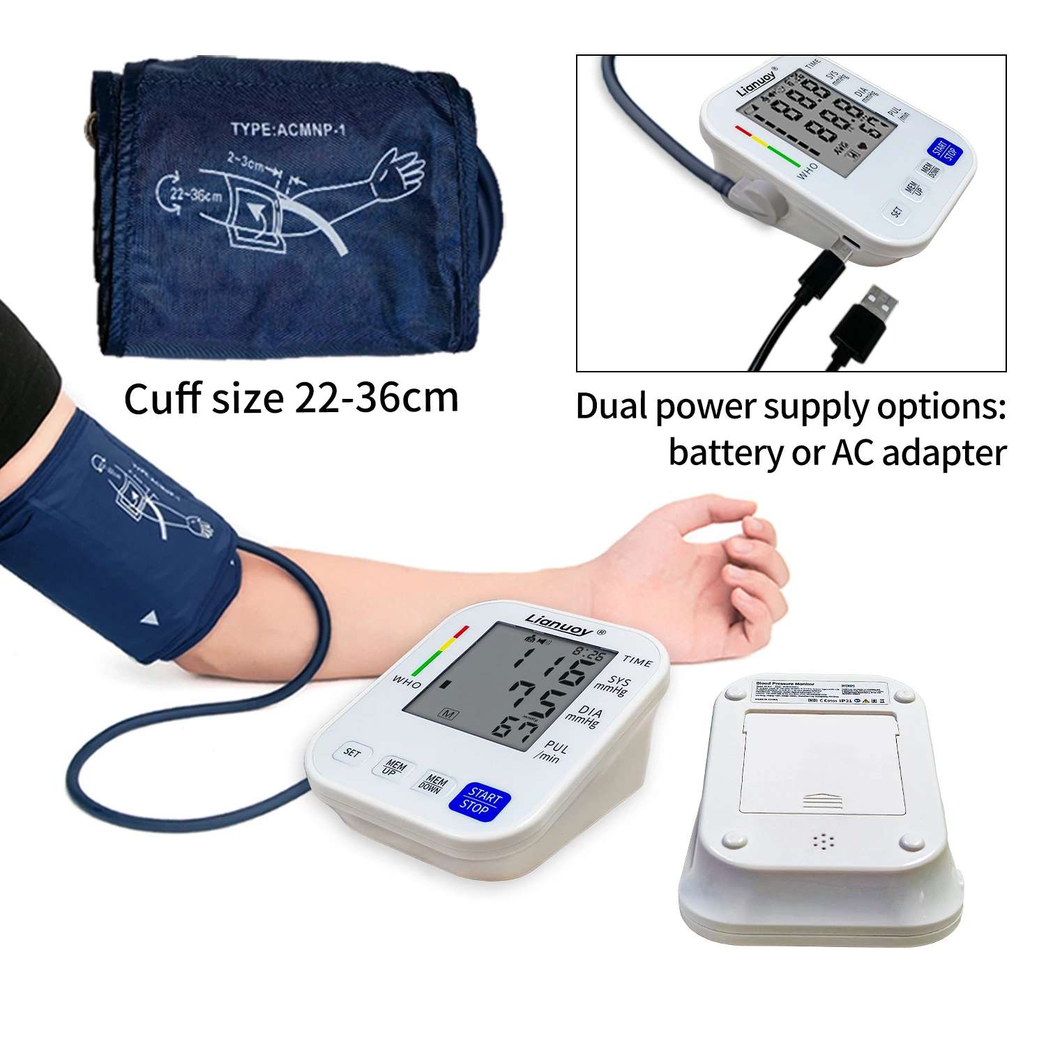 Electronic blood pressure monitor has two power supply modes to choose from